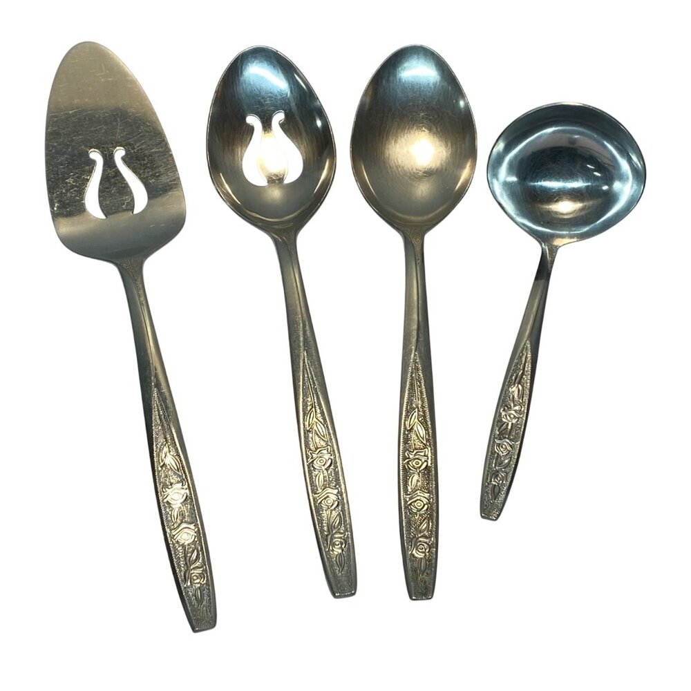 Vintage Ecko Eterna Stainless Steel Serving Pieces Silverware Set of 4 Floral
